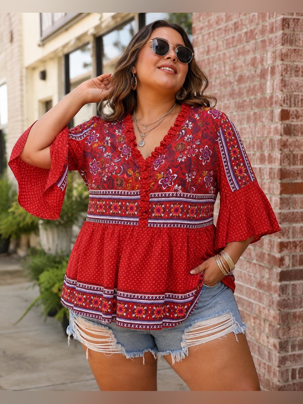TIME AND TRUE Peplum Flutter Sleeve Top EUC